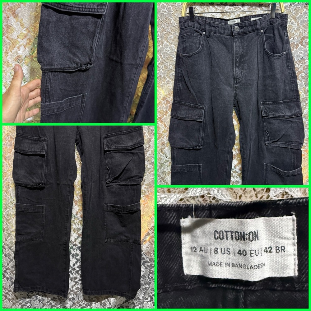 Cotton On women’s black Cargo denim Pants sz 8 wide leg excell. Cond.